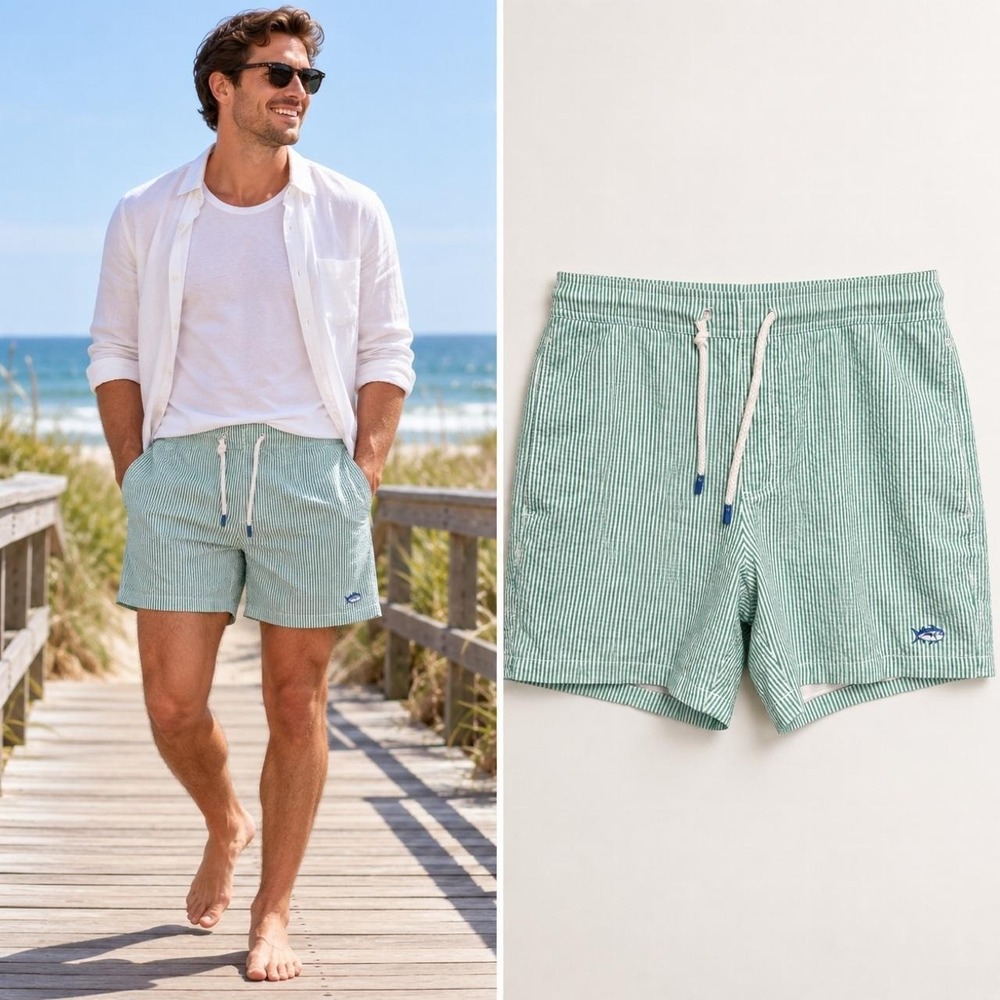 Southern Tide The Skipjack Swim Trunks Men's M 6" Green Seersucker Stripe Beachy